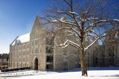 The new Integrated Science building on Boston College's main campus after the first major snowfall of the season.